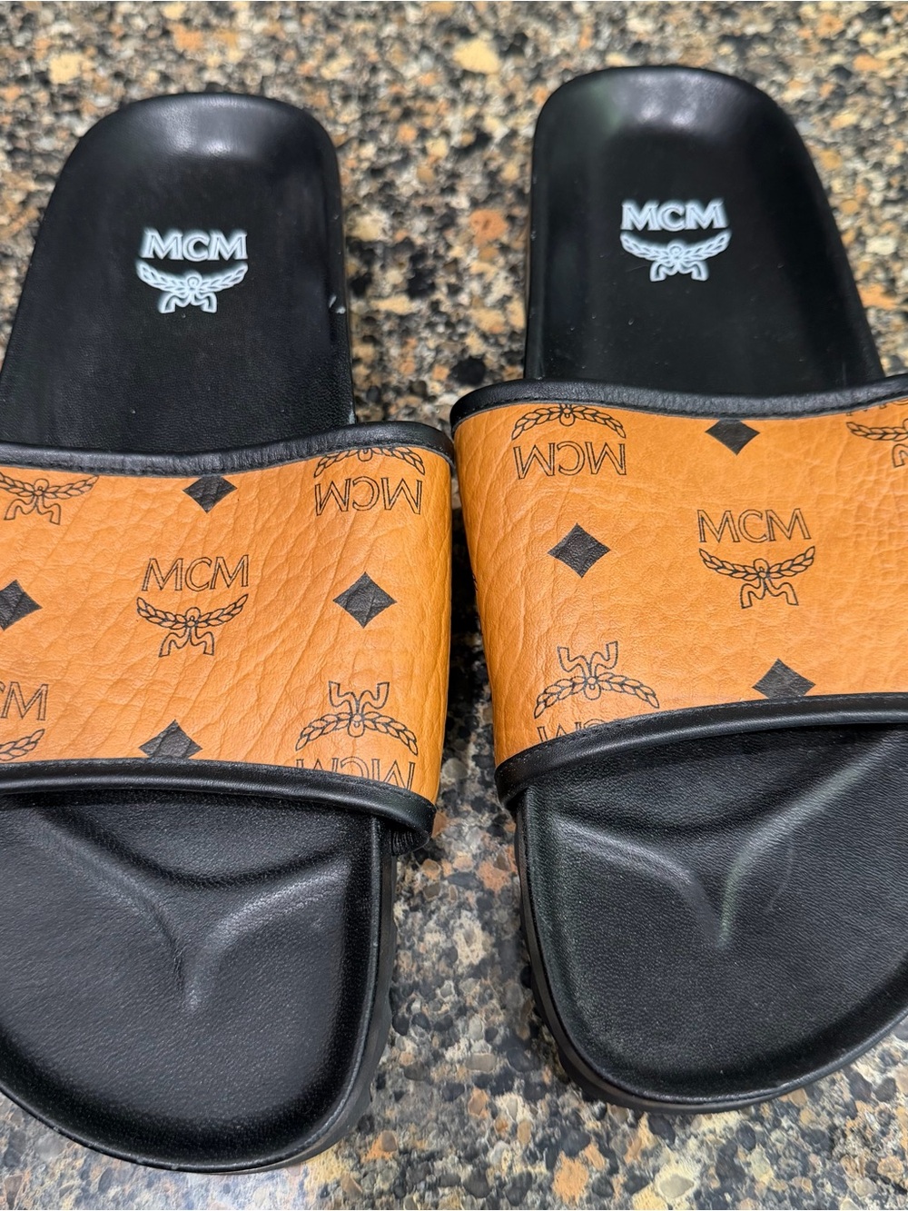 MCM Cognac & Black Monogram Slide Sandals size 40